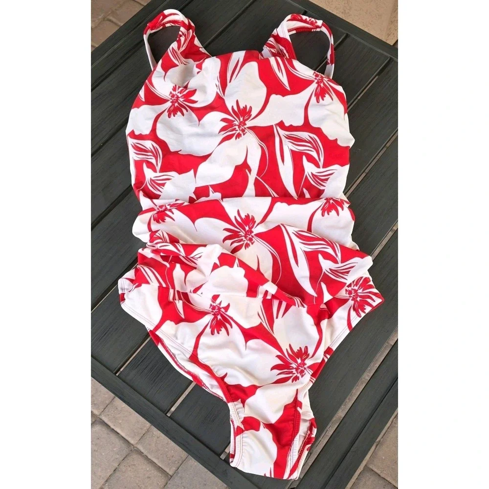 Women's Red & White Tropical Floral One-Piece Swimsuit Size 22W NEW (338)